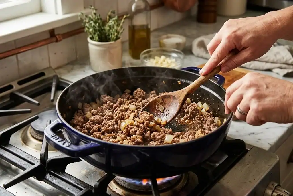 Ground beef and onion browning in a Dutch oven with a wooden spoon