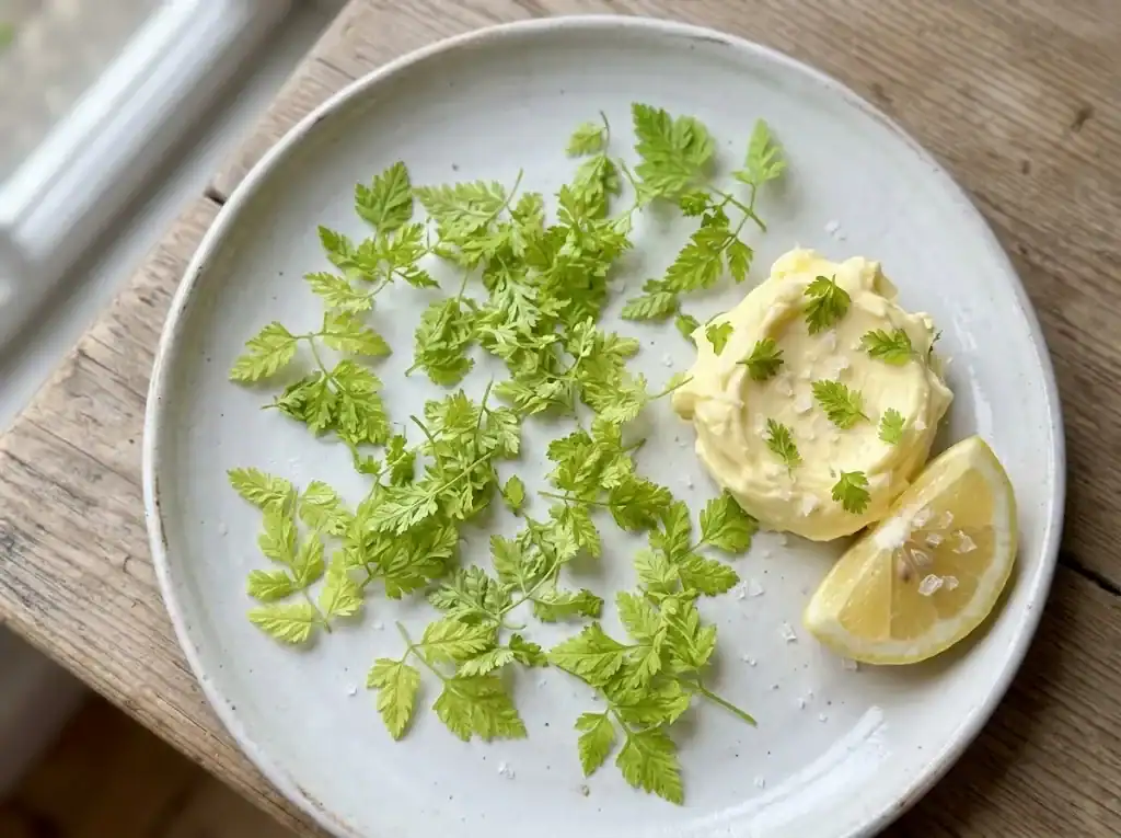 Softened butter with chopped chervil and a lemon wedge in a small white dish, ready to spread