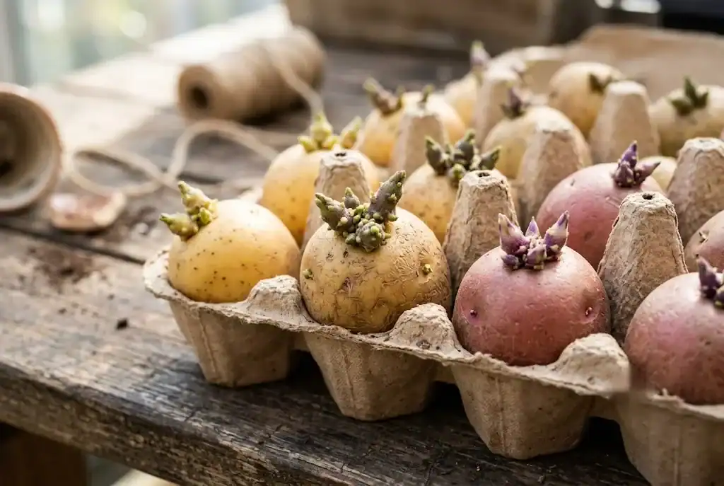 Seed potatoes sprouting in an egg carton for chitting
