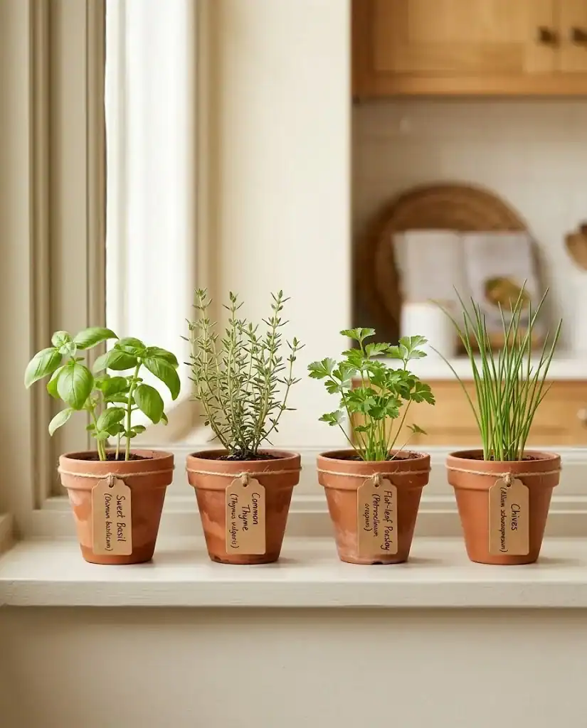 Four starter pots on a windowsill with basil, thyme, parsley, and chives seedlings