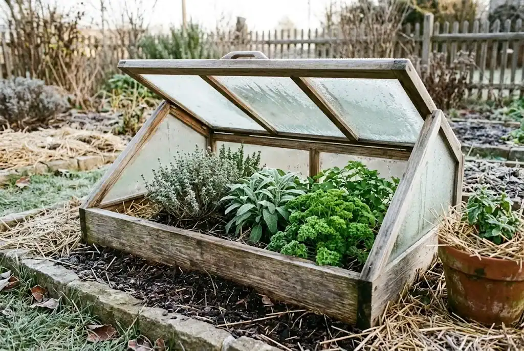 A low wooden cold frame with a clear sloped lid protecting thyme, sage, and parsley in a mulched backyard bed on a cold morning