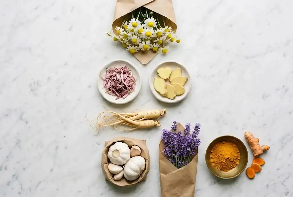 An overhead arrangement of seven medicinal herbs on a marble surface including chamomile, echinacea, ginger, garlic, ginseng, lavender, and turmeric