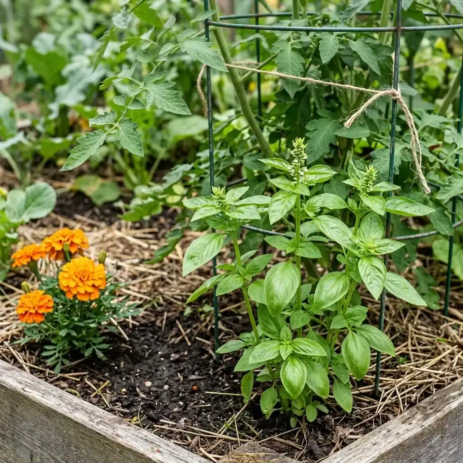 Sunlit kitchen garden bed with a basil companion plant growing next to a tomato cage and a marigold at the bed edge
