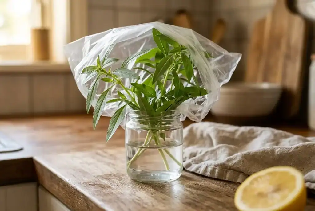 Lemon basil stems standing in a glass jar of water on a kitchen counter with a clear produce bag tented over the foliage