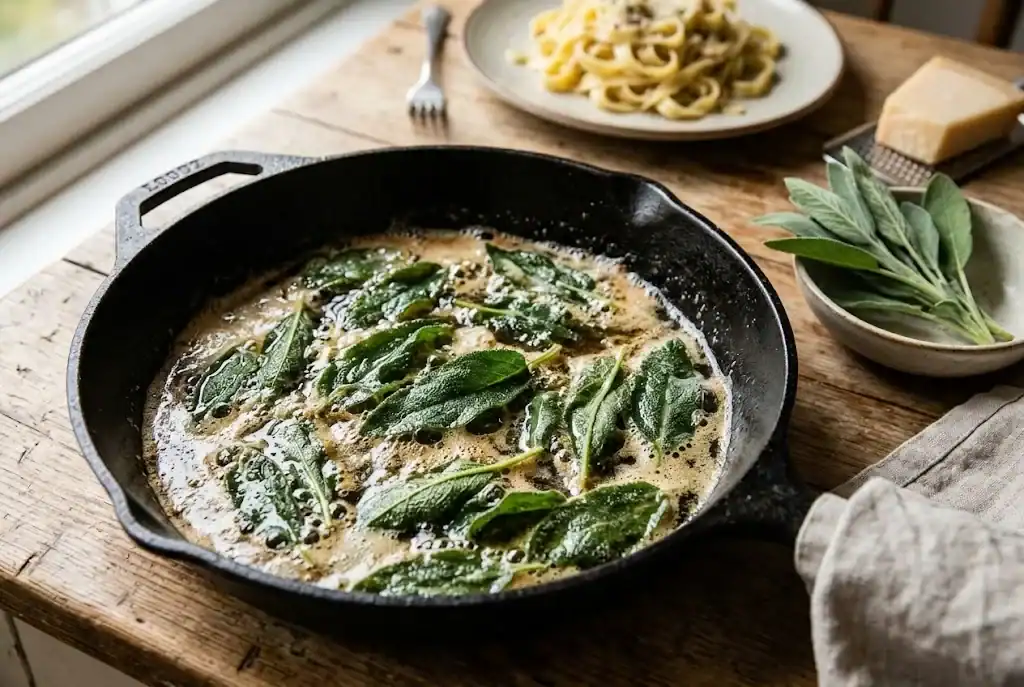Fresh sage leaves sizzling in brown butter in a skillet on a kitchen countertop