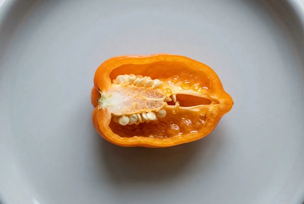 Cross-section macro of halved ripe orange habanero pepper showing inner placenta and capsaicin oil droplets on ceramic plate