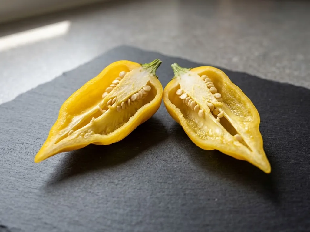 Yellow Fatalii pepper halved lengthwise on matte slate showing pale seeds and placenta