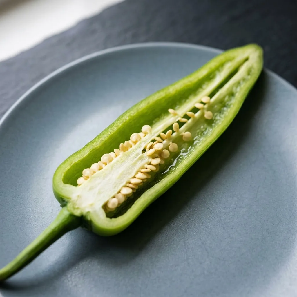 A halved Anaheim pepper pod on a ceramic plate showing the thin wall, pale placenta and flat pale seeds