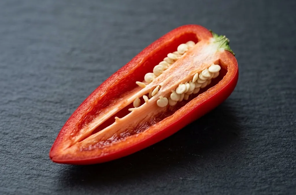 Halved ripe red Fresno pepper on dark slate showing the interior and pale flat seeds