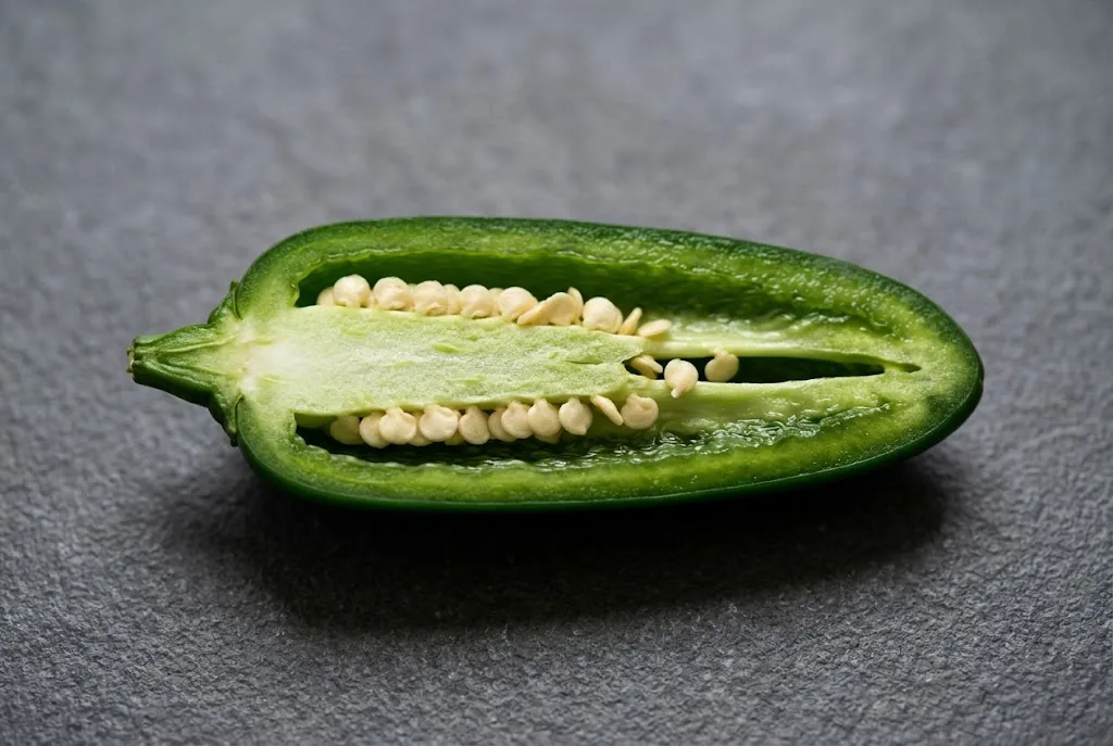 Lengthwise cross-section of fresh green jalapeño showing succulent wall, inner placenta, and seeds on slate