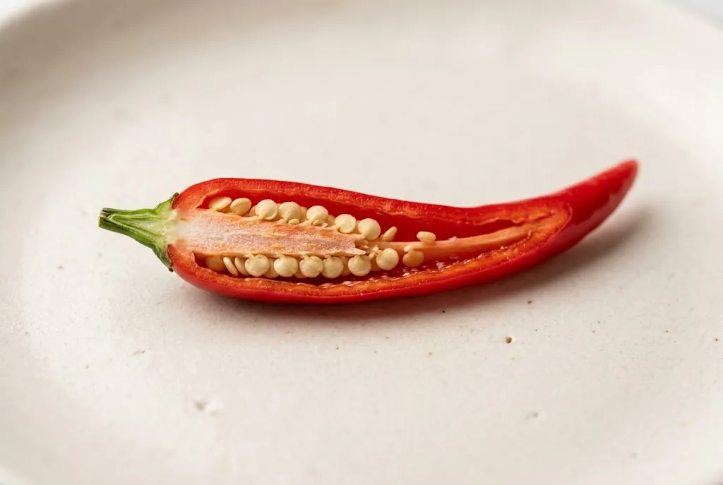 Cross-section of a ripe red Thai bird's eye chili showing pale flesh, white placenta, and pale yellow seeds on a ceramic plate