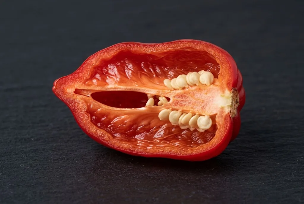 Halved red ají dulce pepper showing thin walls, seeds, and central cavity