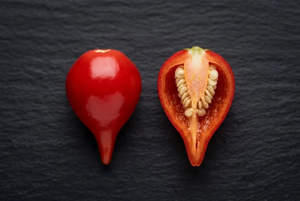 Halved ripe red biquinho pepper showing its thin wall, placenta, and seeds