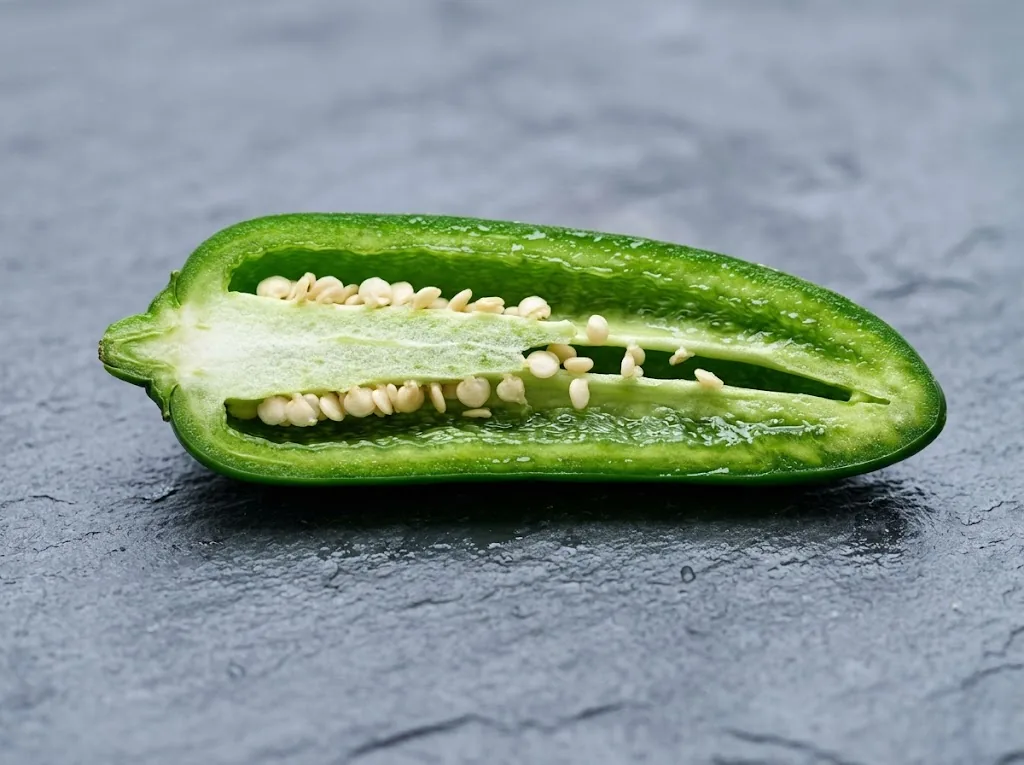 Lengthwise cross-section of a fresh green jalapeño showing the wall, placenta, and seeds on slate