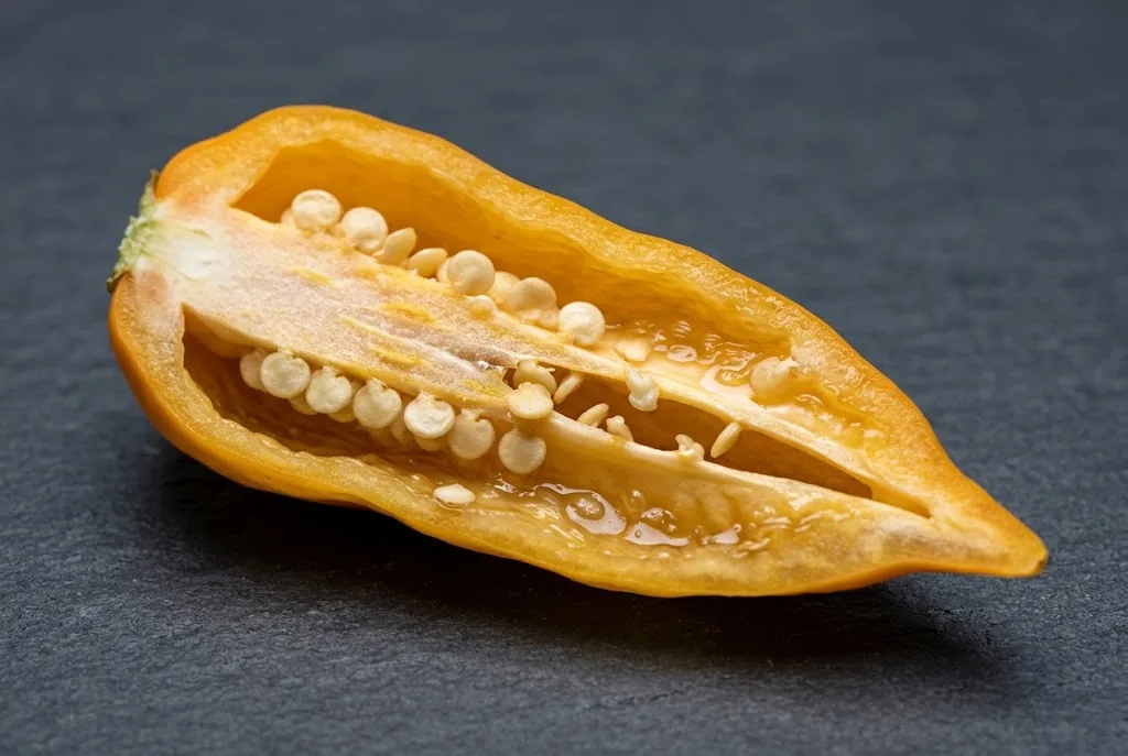 Halved ripe datil pepper cross-section showing placenta ribs and seeds on dark slate