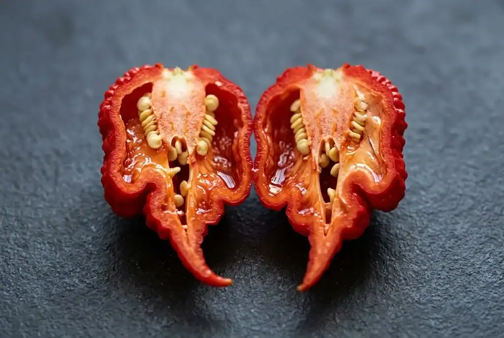 Halved ripe scarlet Carolina Reaper chili pepper showing thick inner wall, central placenta, and capsaicin oil droplets on charcoal ceramic tile