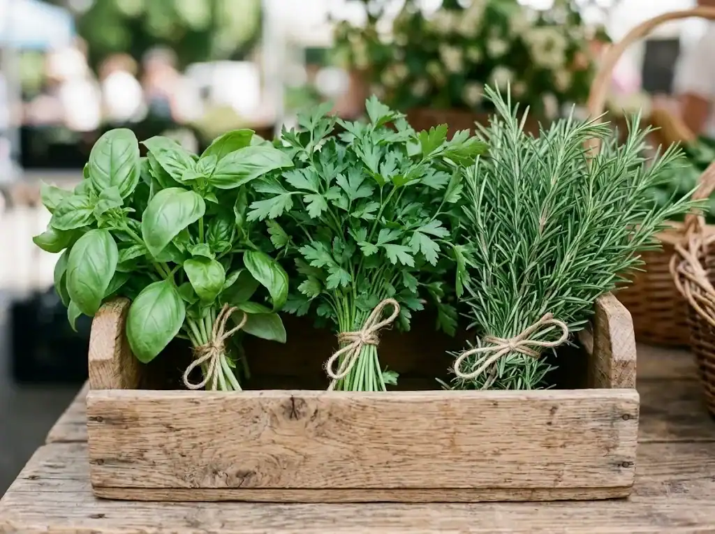 Fresh bunches of sweet basil, flat-leaf parsley, and rosemary in a wooden market crate