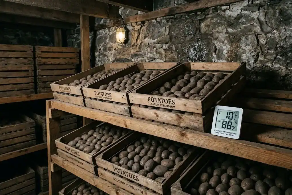 Single layer of cured garden potatoes stored on slatted wooden shelves in a cool root cellar
