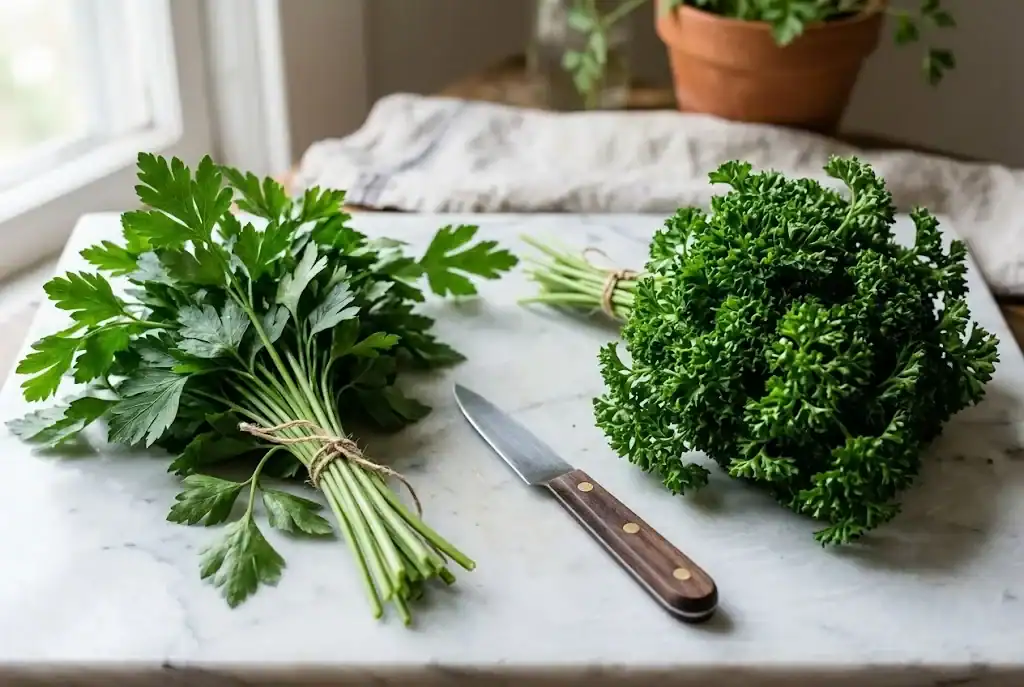 Comparison of flat-leaf Italian parsley and ruffled curly parsley on a marble surface