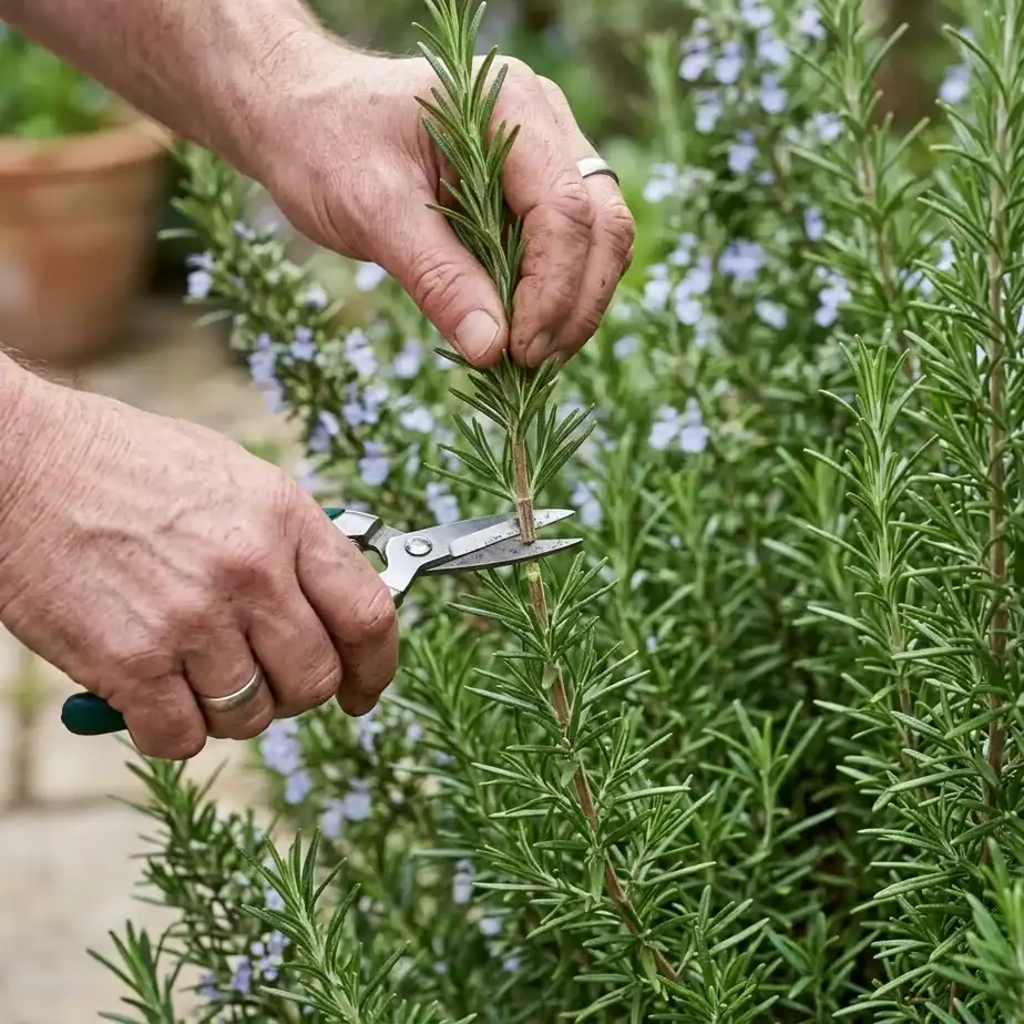 Gardener's hands taking a 4 to 6 inch rosemary cutting with snips, just above a leaf node