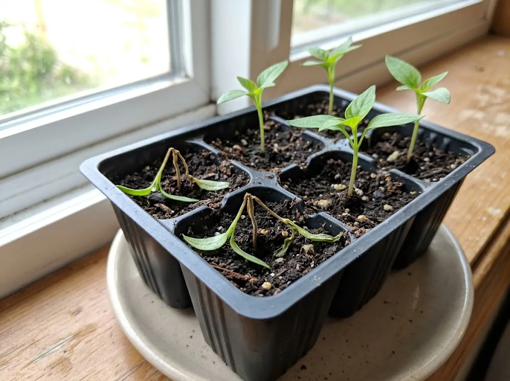 Black plastic seedling tray on a sunny windowsill with two chili seedlings flopped at the base and four healthy cotyledons standing upright