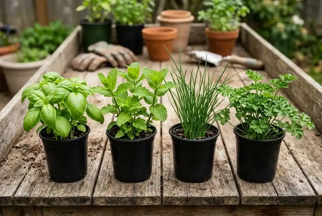 Four nursery starter pots of basil, mint, chives, and parsley lined up on a wooden potting bench