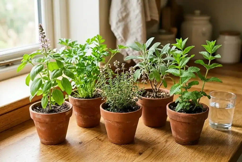 Five small terracotta pots arranged in an arc on a sunlit kitchen counter with basil, parsley, thyme, sage, and mint