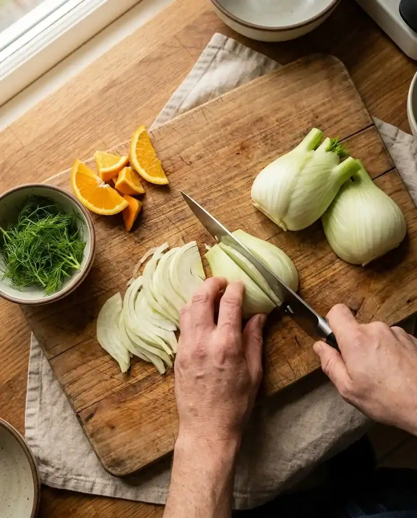 Close-up of a cook slicing a fresh fennel bulb into thin half-moons on a wooden cutting board