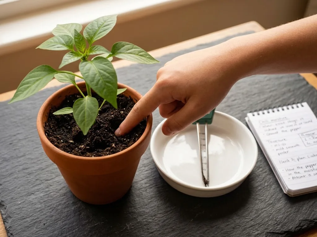 Probe moisture meter and an index finger pressed into the compost of a small chili plant pot to demonstrate the finger test