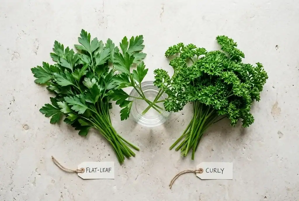 Flat-leaf parsley and curly parsley laid side by side on a stone counter