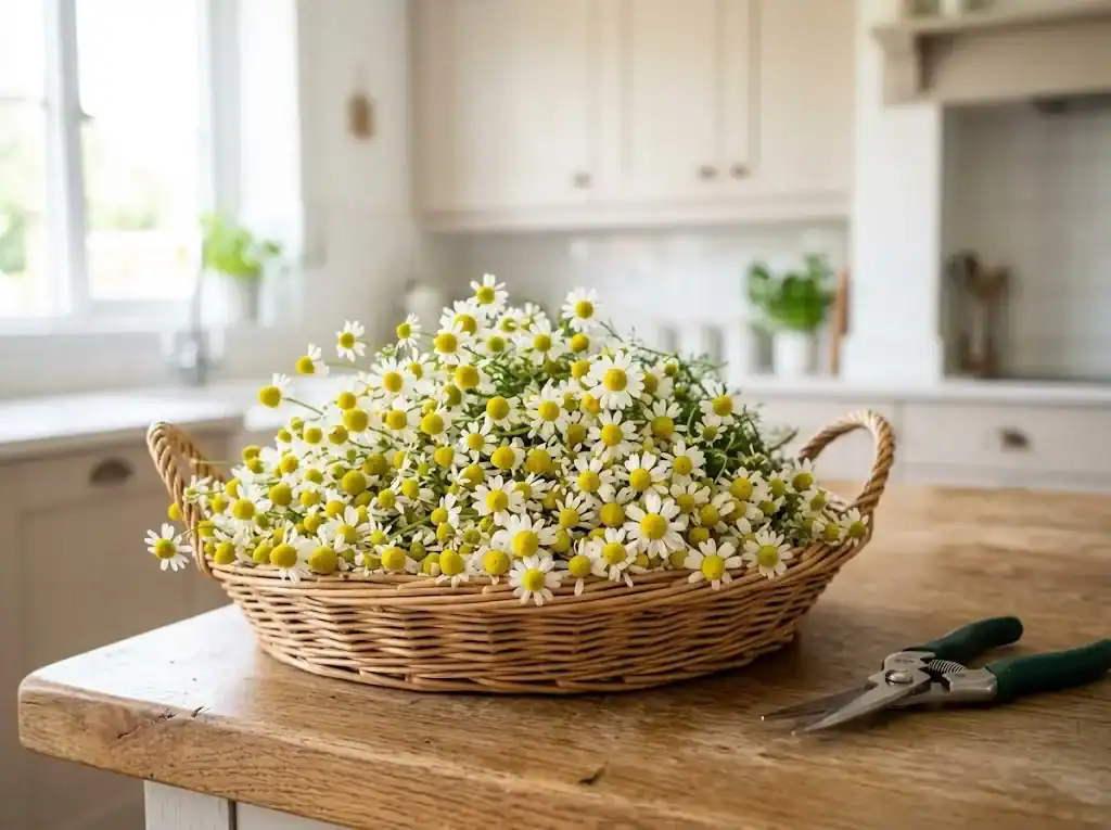 A wicker basket of freshly picked German chamomile flower heads with white petals open on a wooden counter