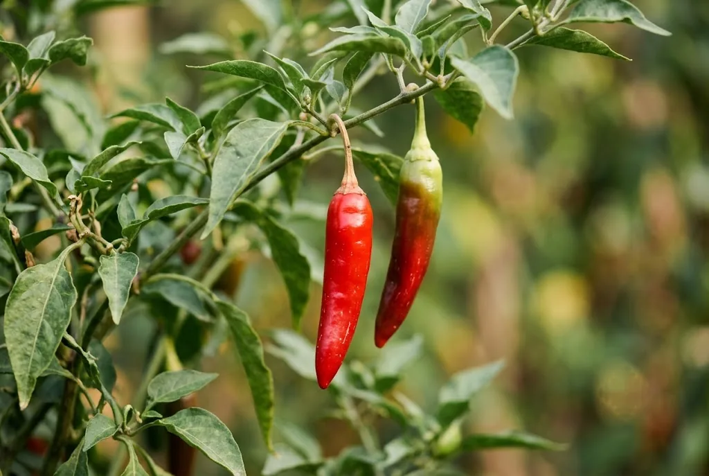 Two ripe red chili peppers hanging from a leafy branch on a backyard plant