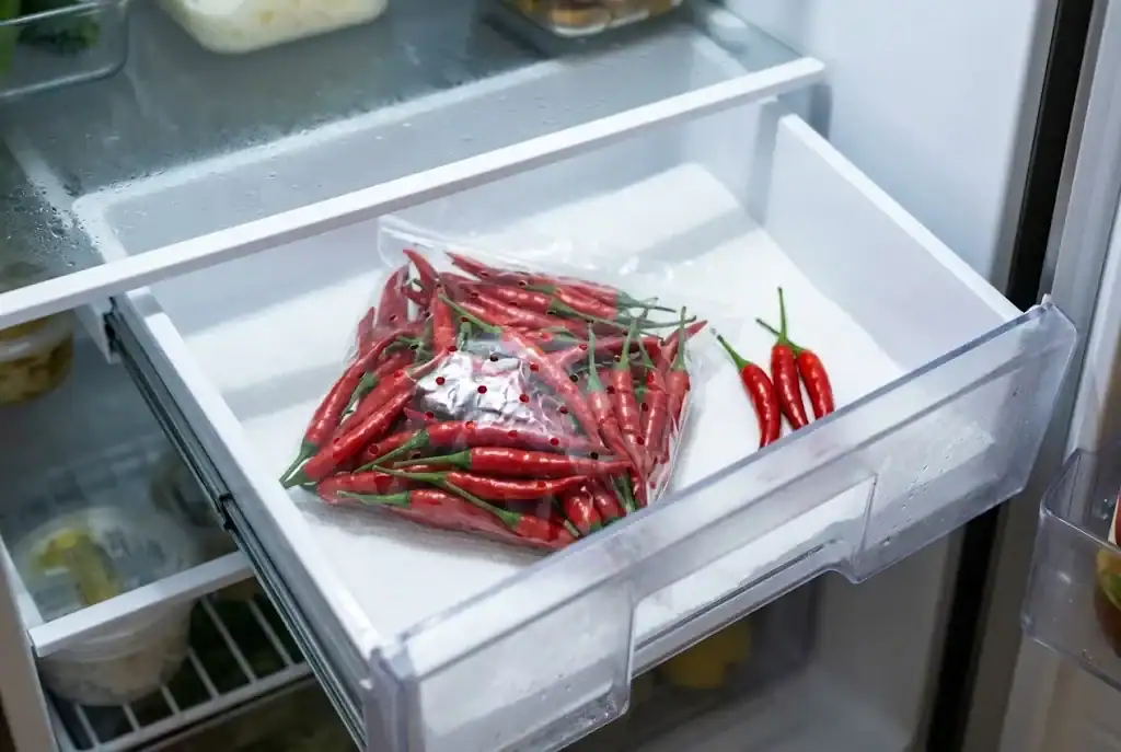 Red chili peppers in a perforated plastic bag with paper towel, sitting in a refrigerator crisper drawer