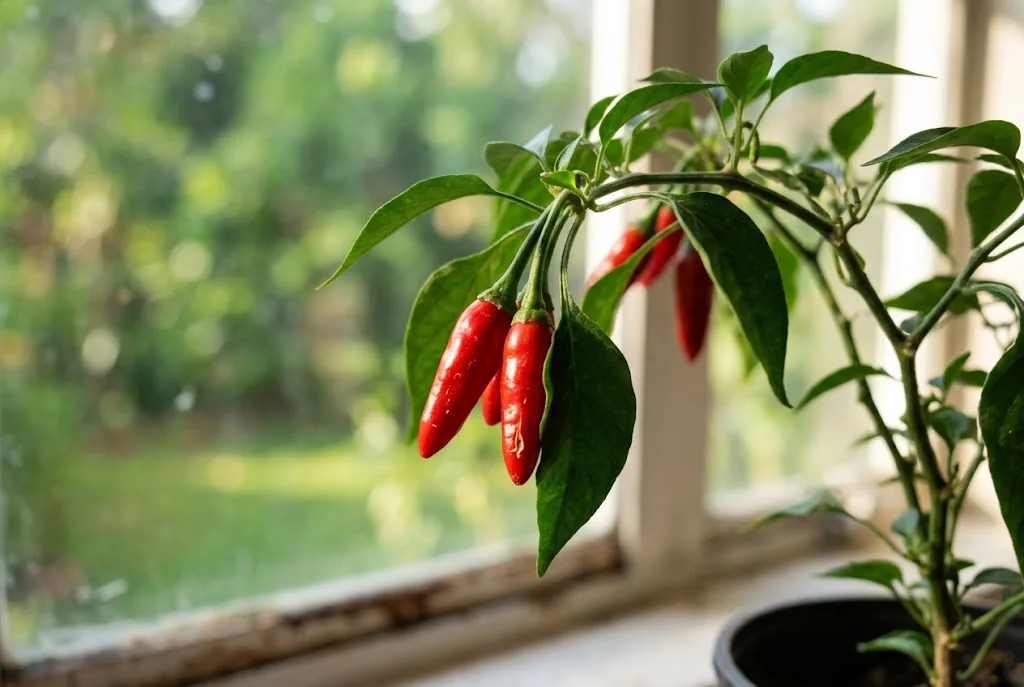 A cluster of ripe red bird's eye chilies hanging from a leafy green stem on a small potted plant by a kitchen window, warm morning sidelight on two tapered glossy red pods