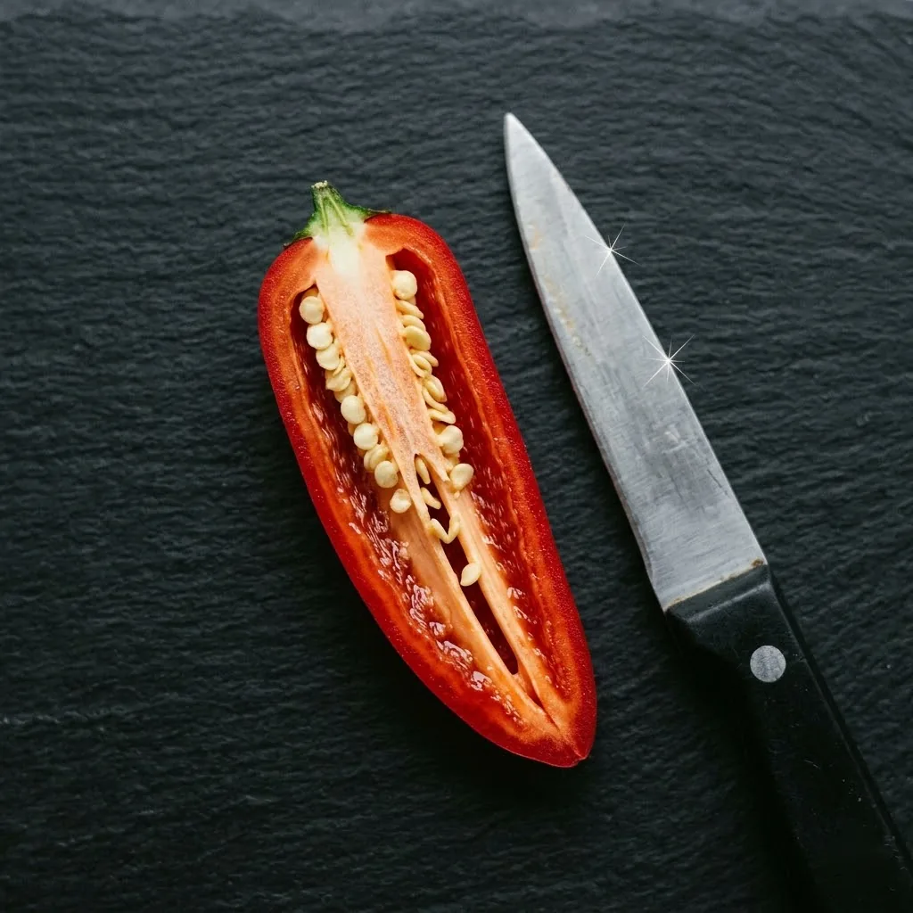 Cross-section of one ripe red Jalapeño on matte slate showing placental ribs and seeds