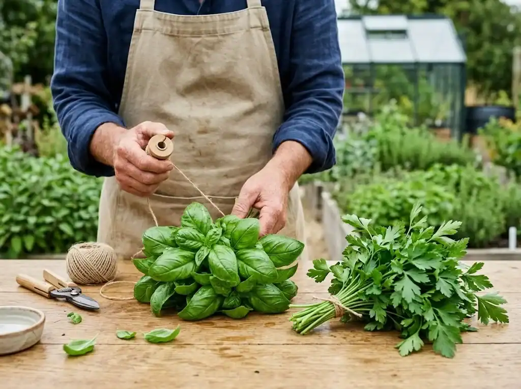 Bundling freshly cut sweet basil stems with natural twine for local restaurant delivery