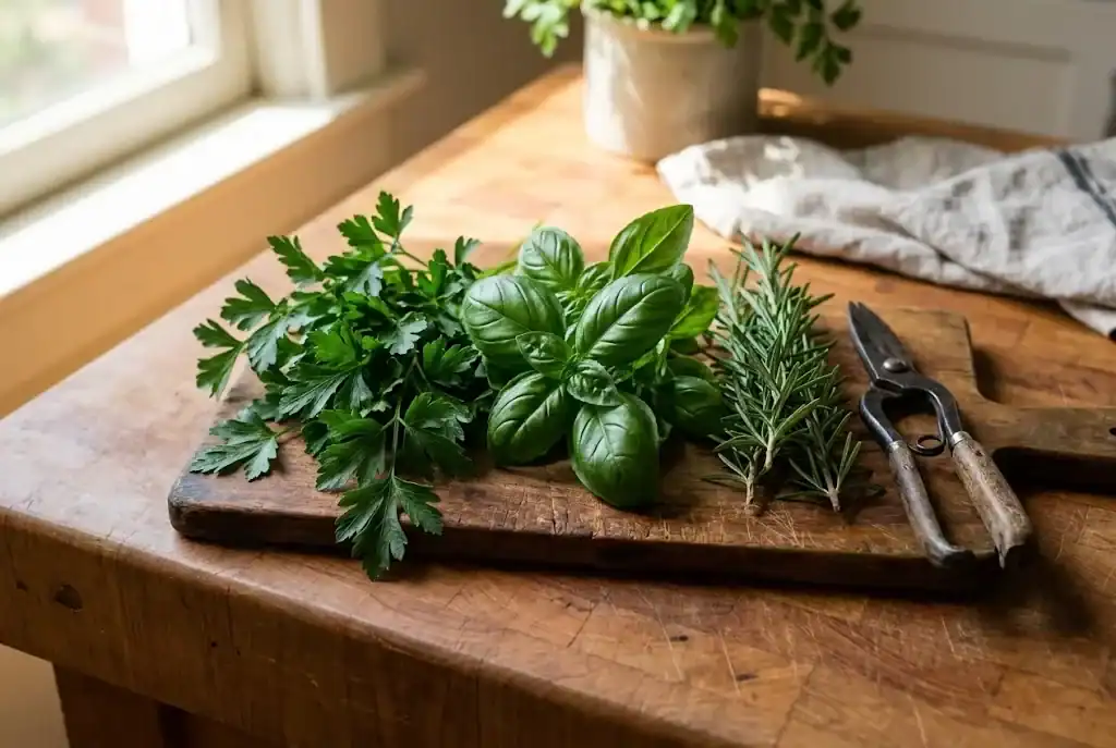 Freshly harvested sprigs of sweet basil, flat-leaf Italian parsley, and rosemary resting on a wooden cutting board beside iron garden snips