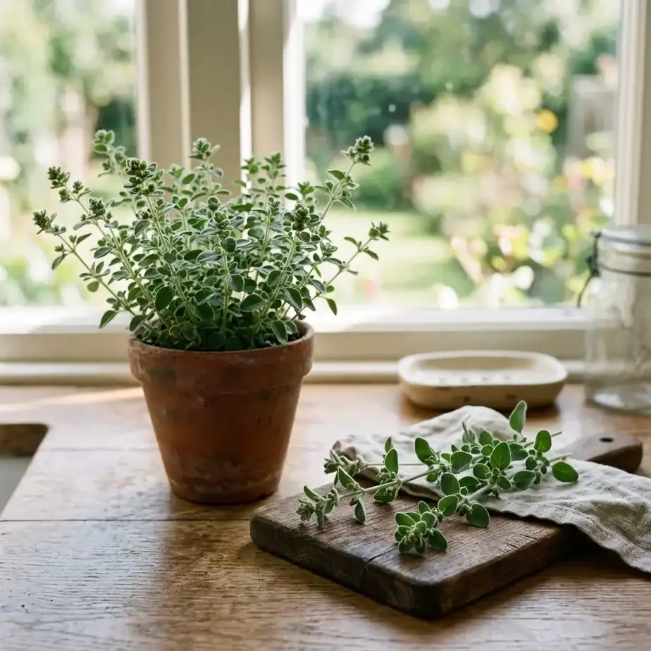 Tender sweet marjoram sprigs with small fuzzy gray-green oval leaves on a cutting board beside a young potted plant on a sunny windowsill