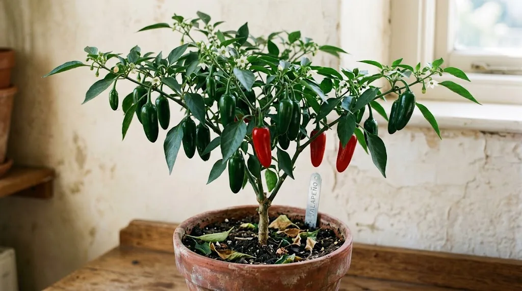 A mature jalape??o plant in a terracotta pot with green and ripe red pods, soft window light from the upper right.