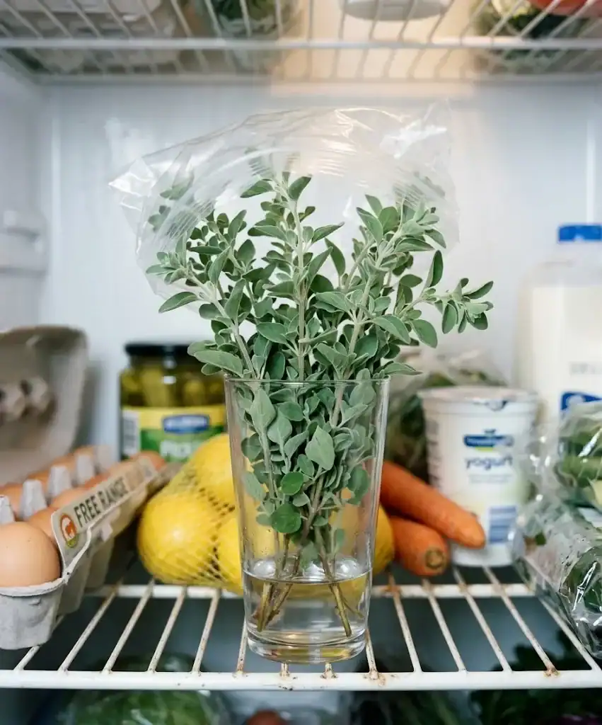Marjoram sprigs standing in a glass of water on a refrigerator shelf with a loose plastic bag over the leaves
