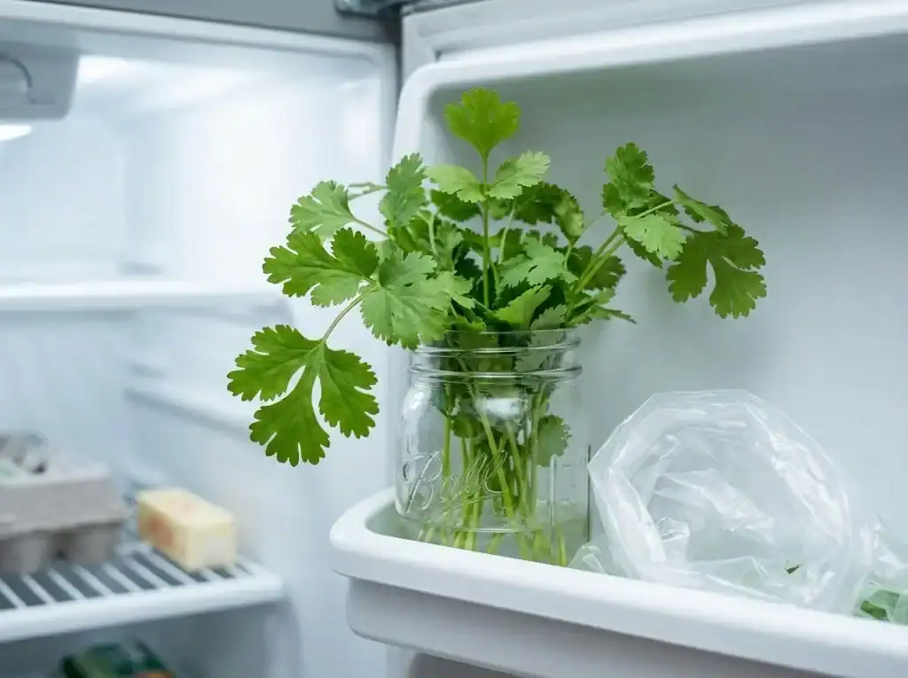 Cilantro standing upright in a glass jar with water on a refrigerator door shelf