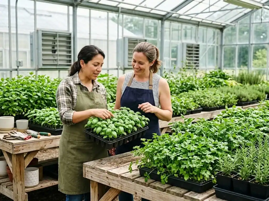 Commercial herb producers in aprons inspecting starter trays of sweet basil and flat-leaf parsley inside a farm greenhouse