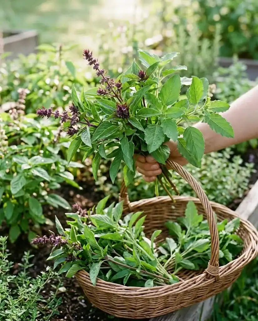 A hand holding a freshly cut bunch of Asian basil above a wicker harvest basket