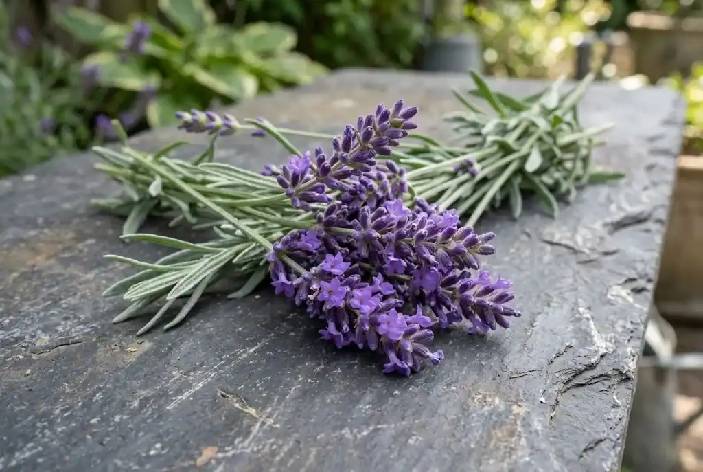 Freshly harvested lavender flower spikes resting on slate with lower florets open and upper buds closed