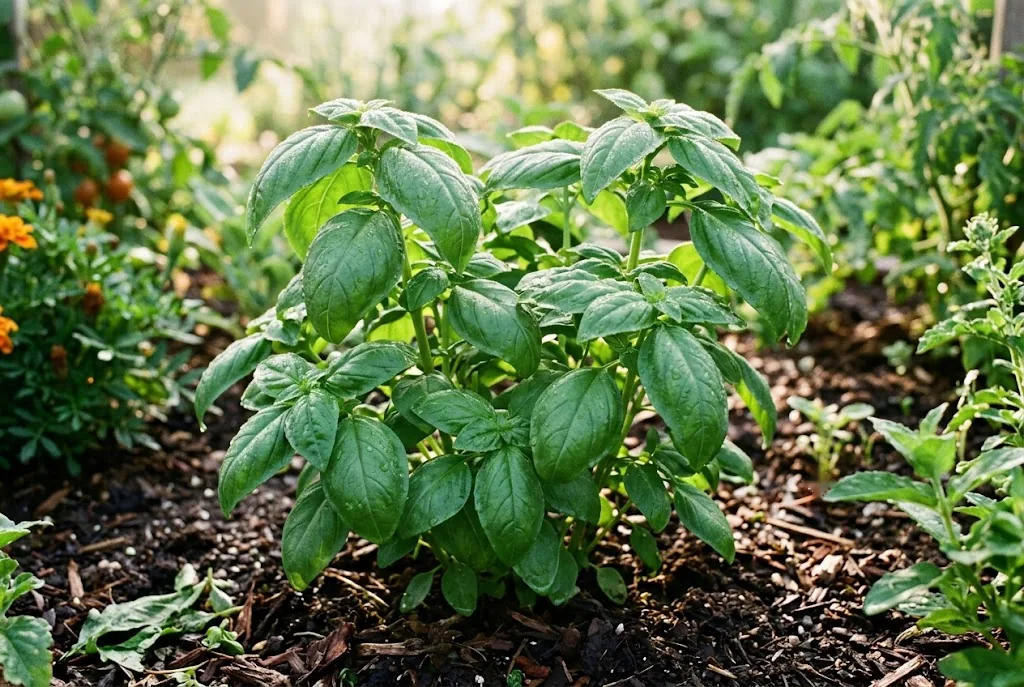 Lush sweet basil plant growing in a home garden in morning sunlight