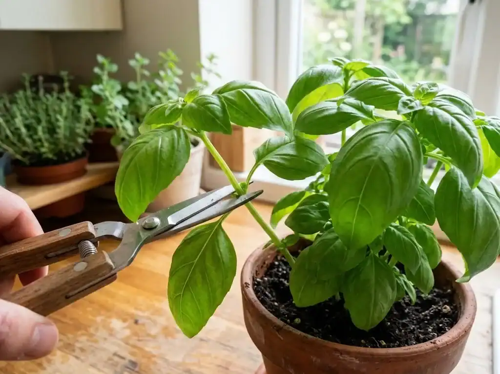 Garden snips cutting a stem of basil just above a pair of leaves on a healthy potted plant