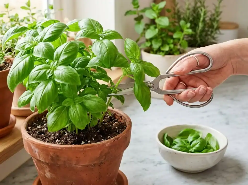 Stainless steel snips harvesting fresh sweet basil leaves from a container plant