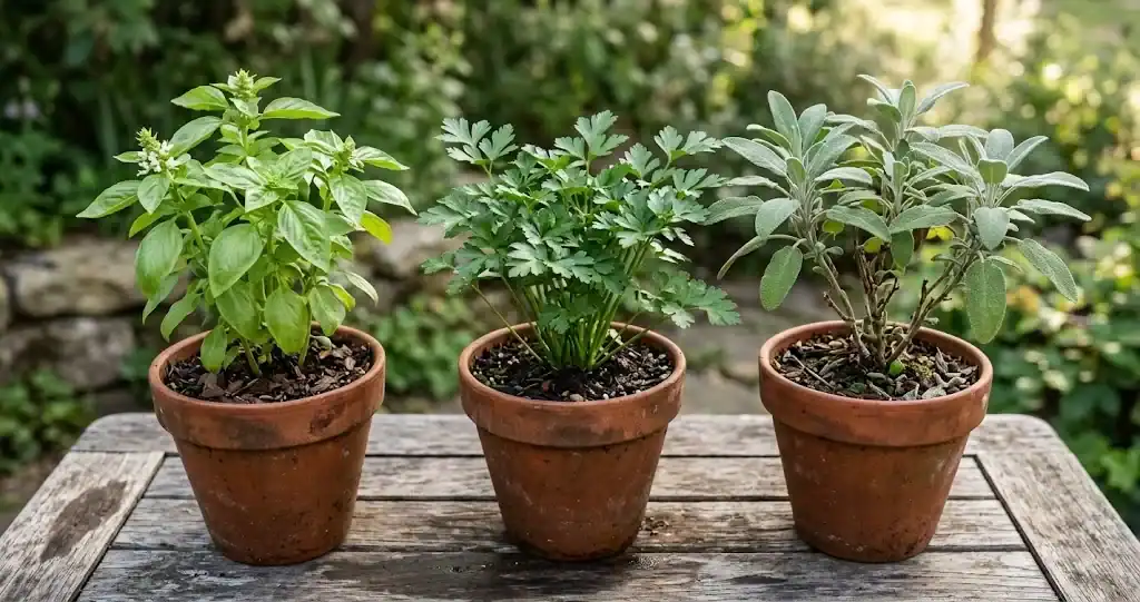 Terracotta planters showcasing annual sweet basil, biennial parsley, and perennial garden sage