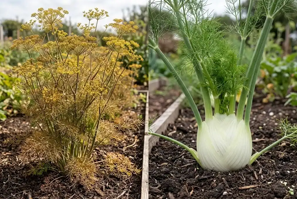 Side-by-side comparison of tall feathery bronze herb fennel foliage and compact Florence fennel bulbs