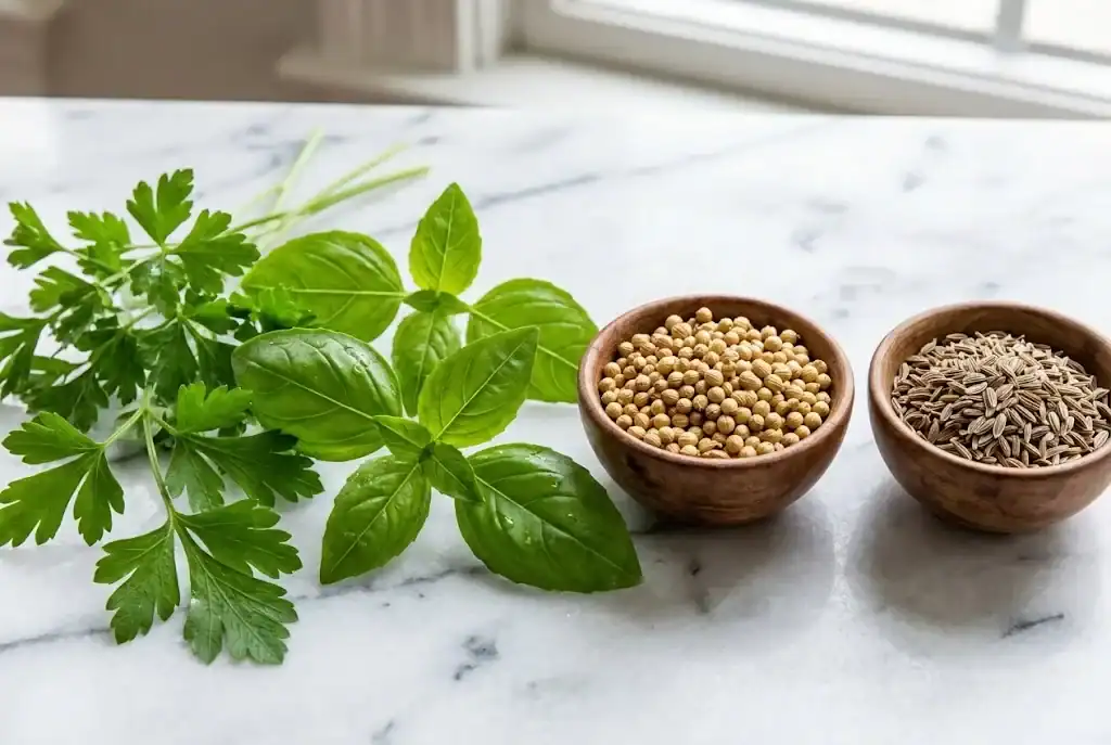 Fresh flat-leaf parsley and sweet basil leaves beside bowls of whole dried coriander and dill seeds